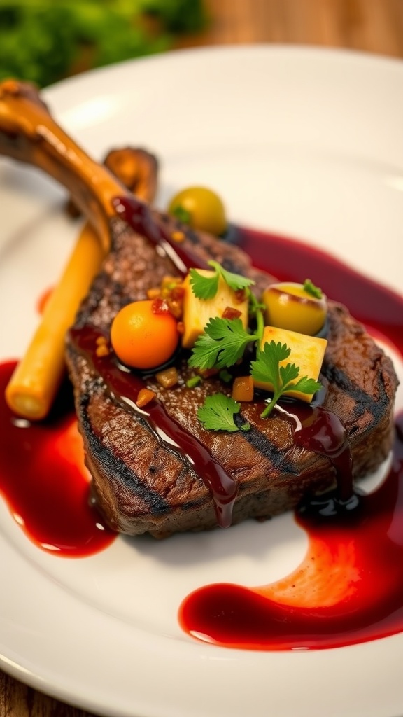 Elegant Plated Steak for Fine Dining An elegant plated steak with seasonal vegetables and red wine reduction, beautifully arranged for fine dining.